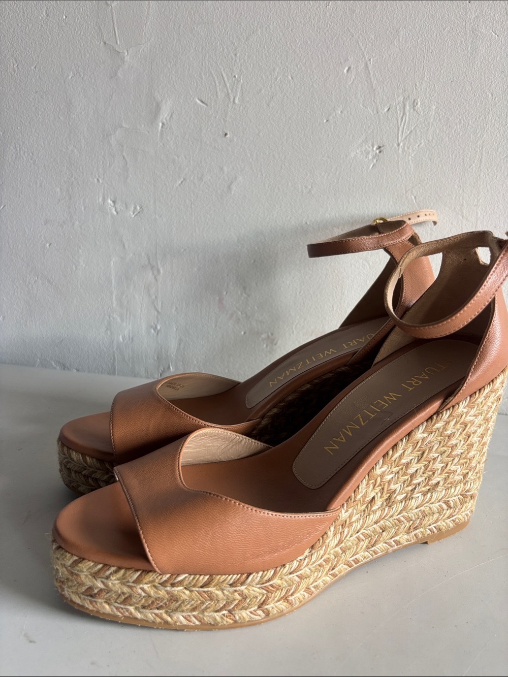 Stuart Weitzman Cognac Leather Espadrille Wedge Sandals - Picture 2 of 5